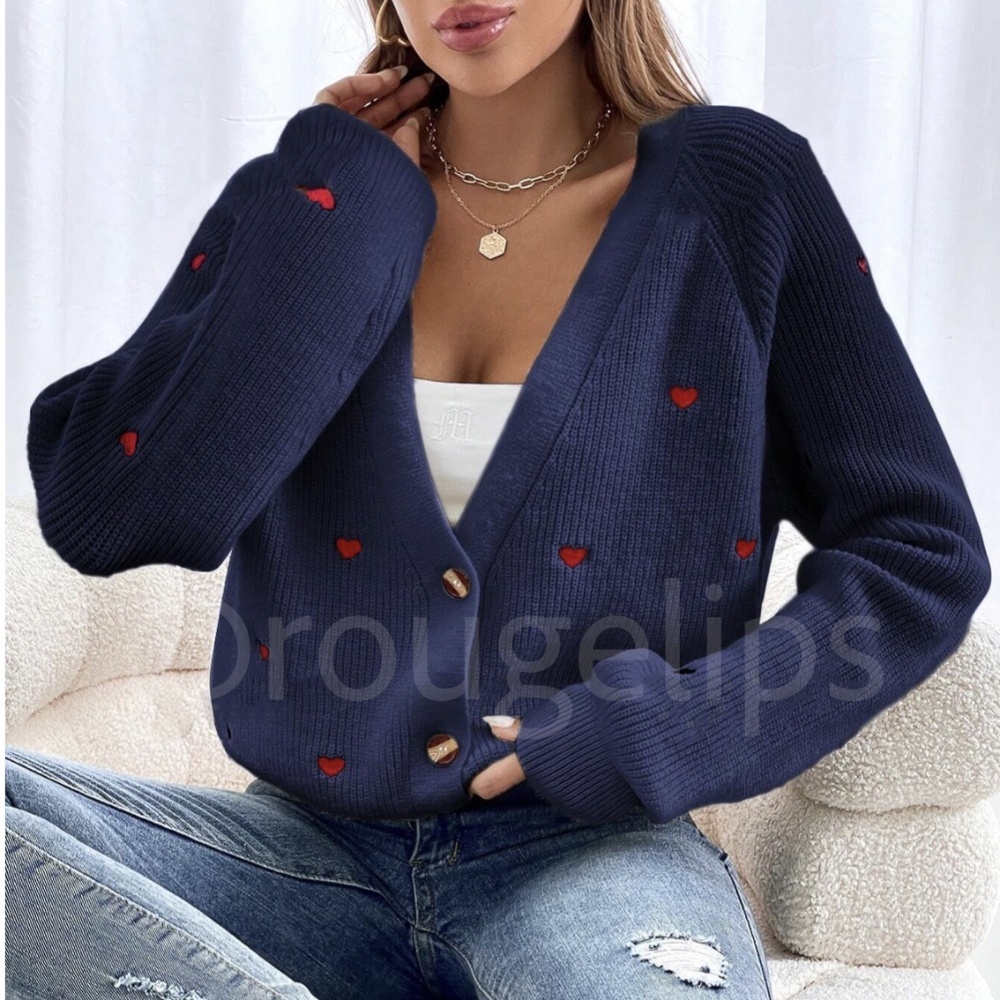 Embroidered Red Hearts Cardigan Navy Blue Oversized